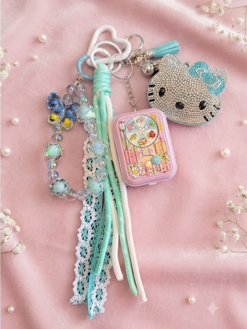 Sparkling Kitty & Pastel Tassel Kids Keychain - Mint Pink